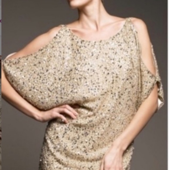 Aidan Mattox Gold Sequin Cold Shoulder Mini Dress Size 4 NWT - Picture 10 of 10
